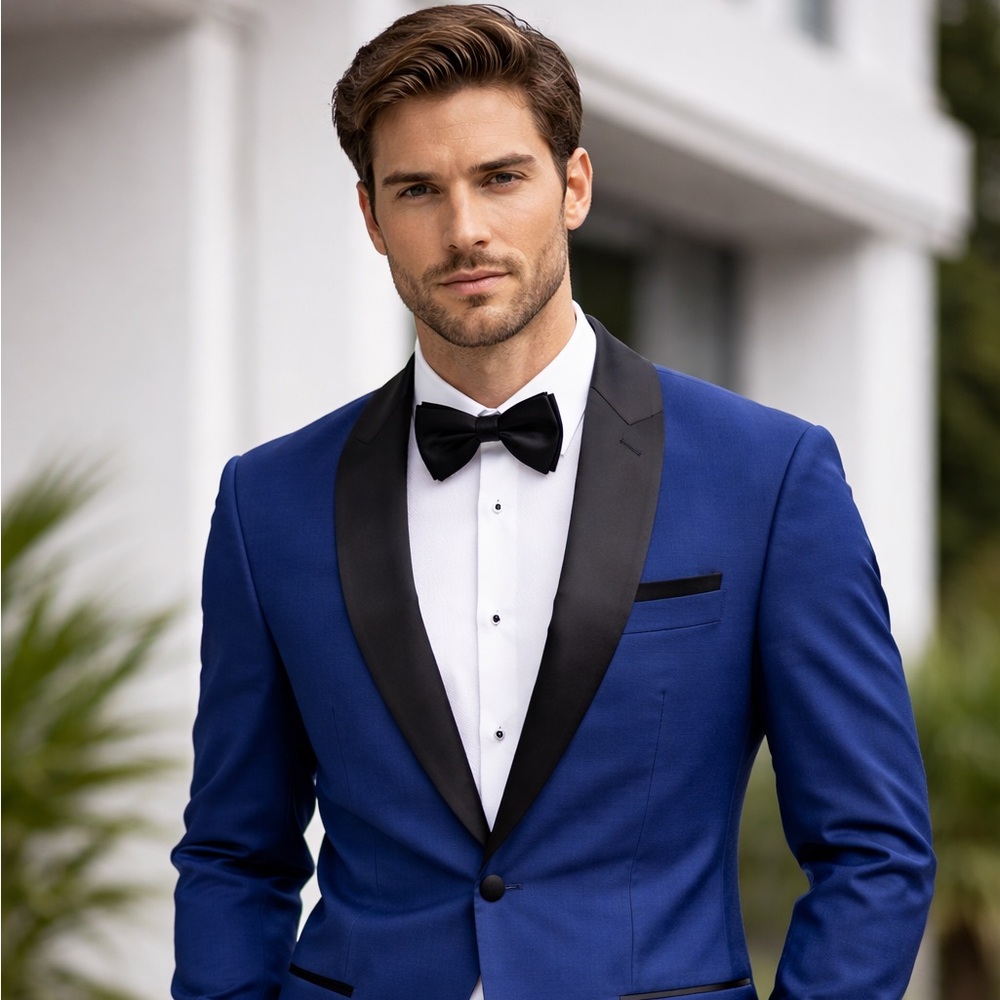 Ryan Seacrest Distinction Blue Tuxedo with Black Lapel